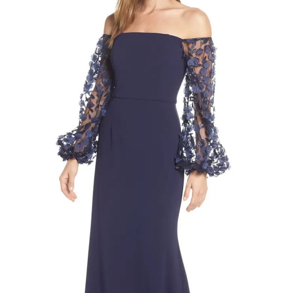 Eliza J Navy Blue Off the Shoulder 3D Floral Sleeve Scuba Crepe Dress